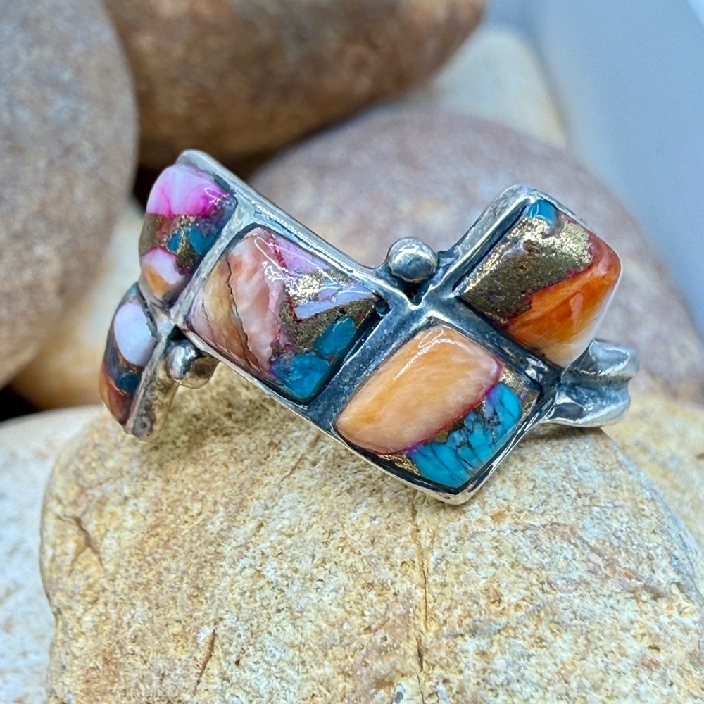 Santa Fe Multi Gemstone 925 Sterling Silver Ring Sz 8 5.5ctw Southwestern Style - Picture 8 of 17
